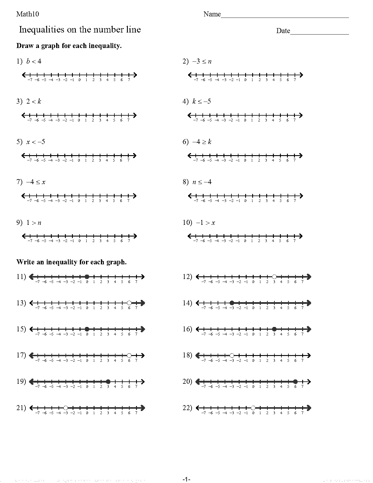 plotting inequalities on a number line worksheet