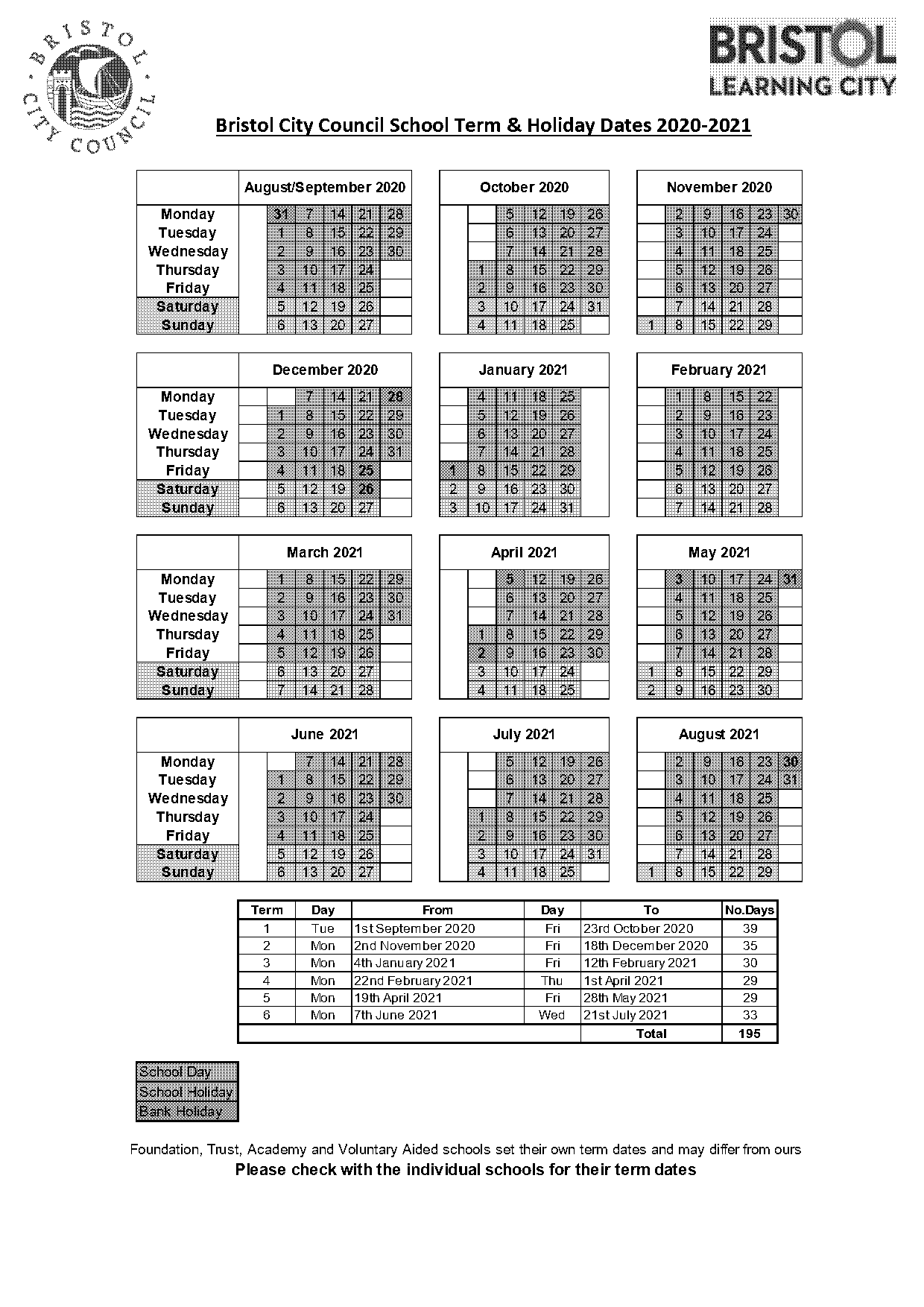 bristol city council education term dates