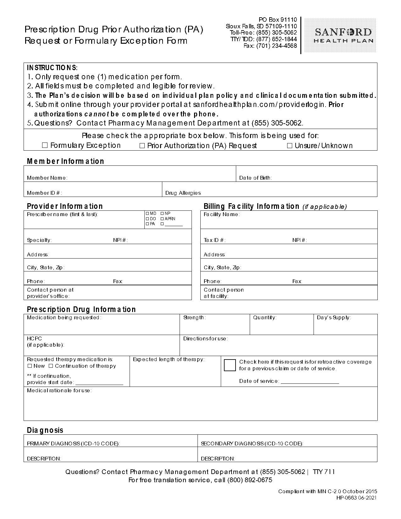 sanford health plan pharmacy prior authorization form