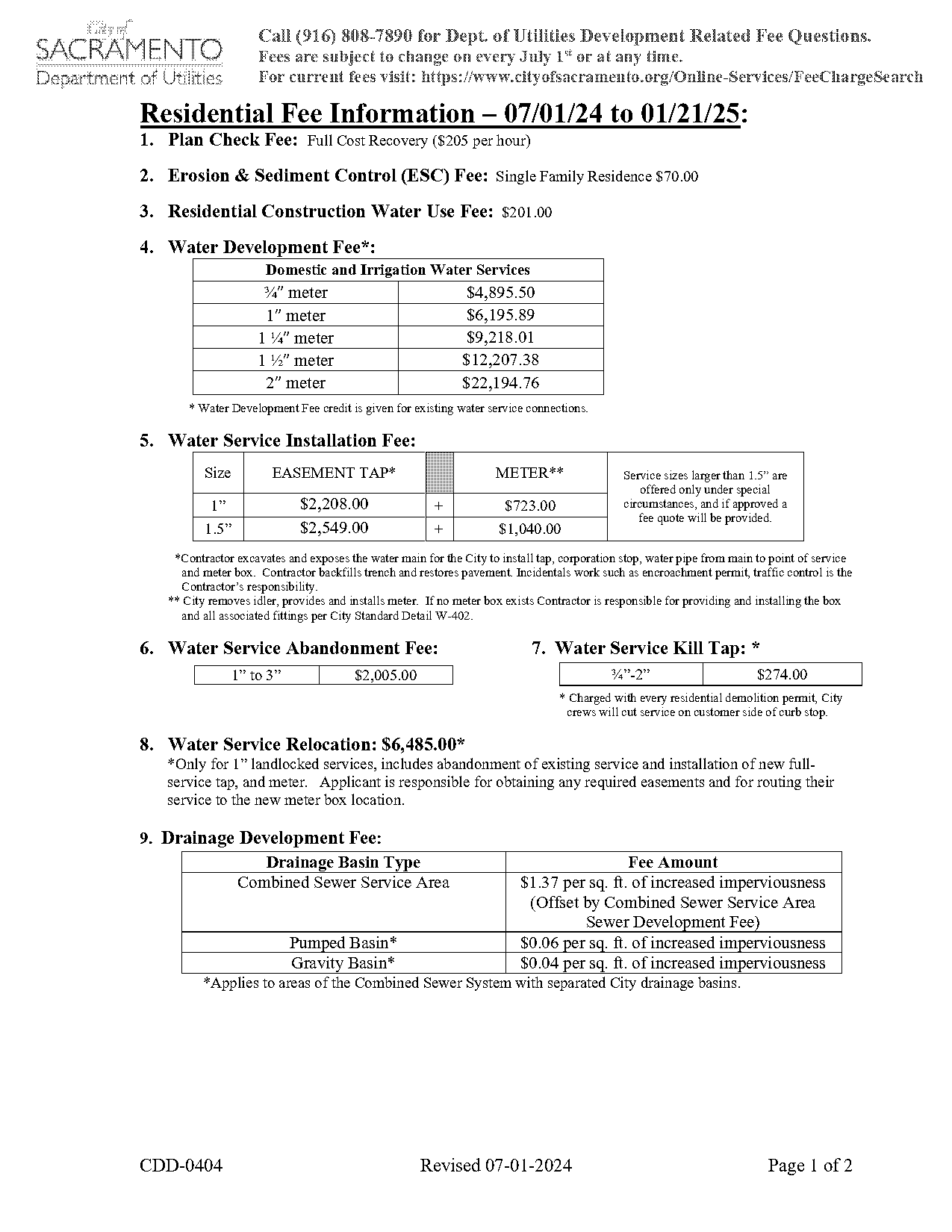 city of sacramento fee schedule