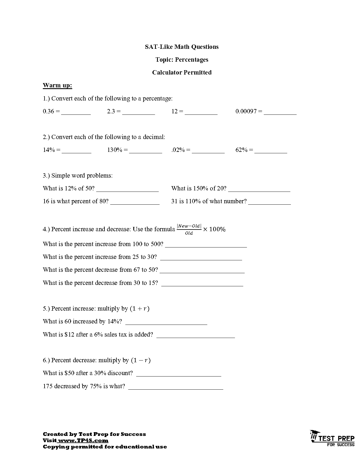 increase and decrease percentages worksheet