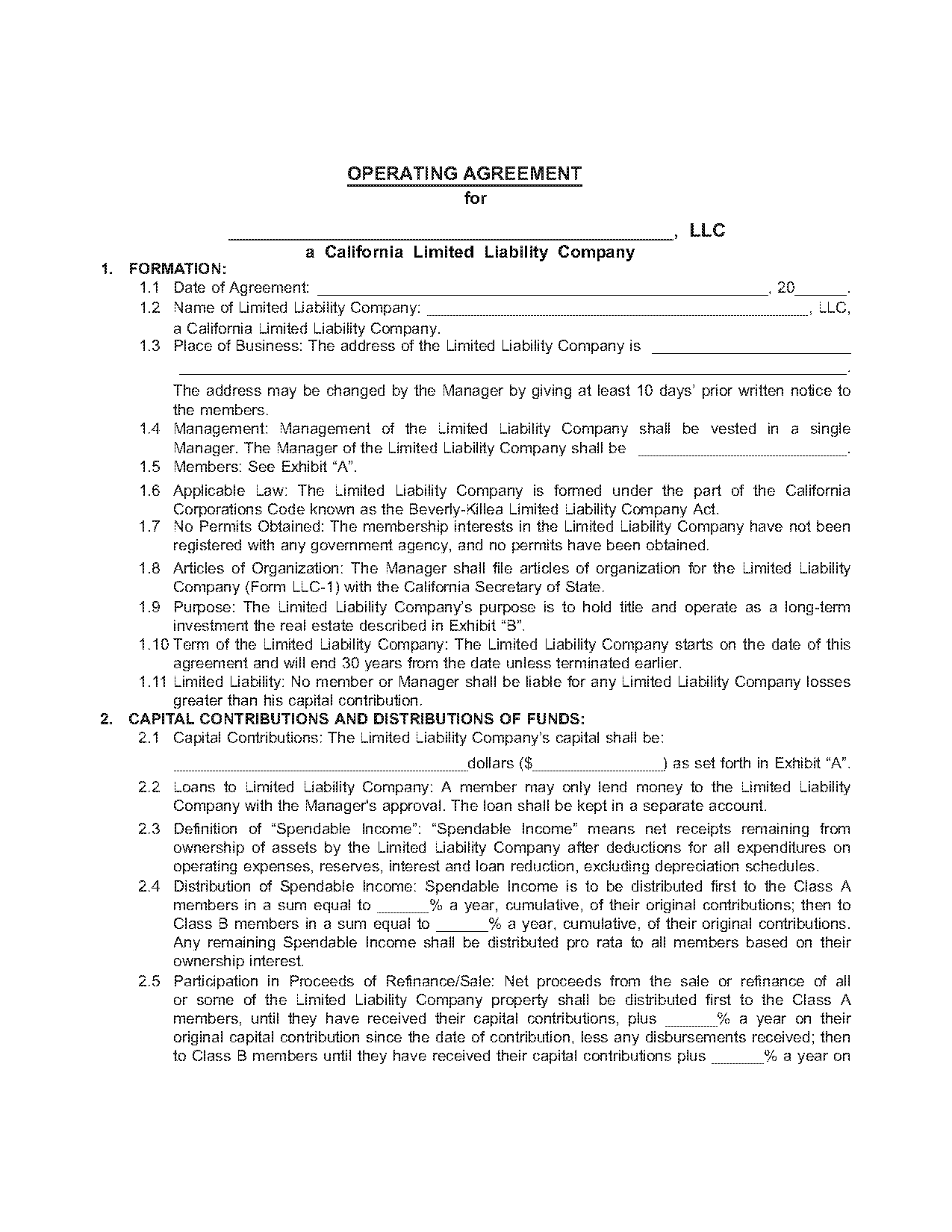 llc operating agreement sample calif