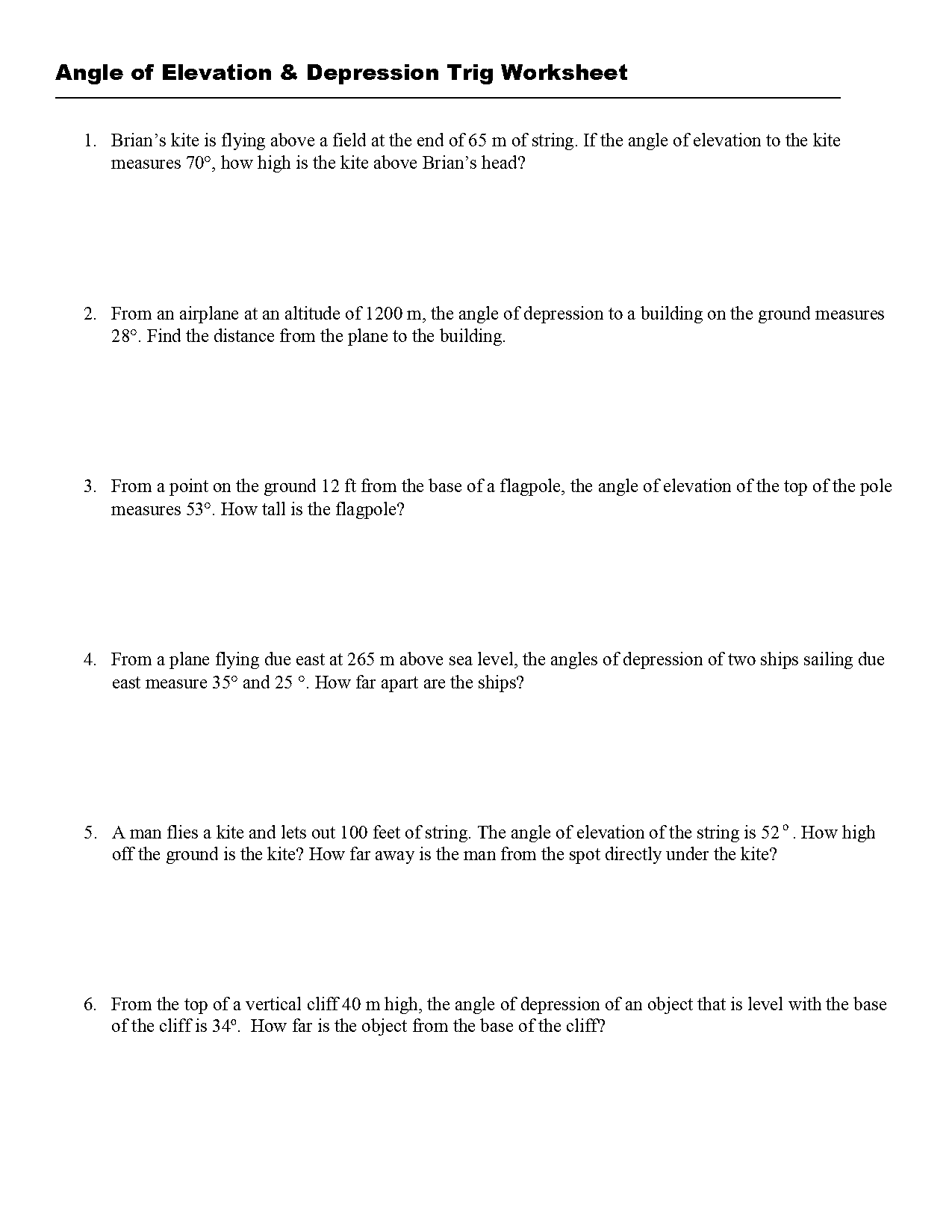 angle of elevation and depression worksheet multiple choice questions