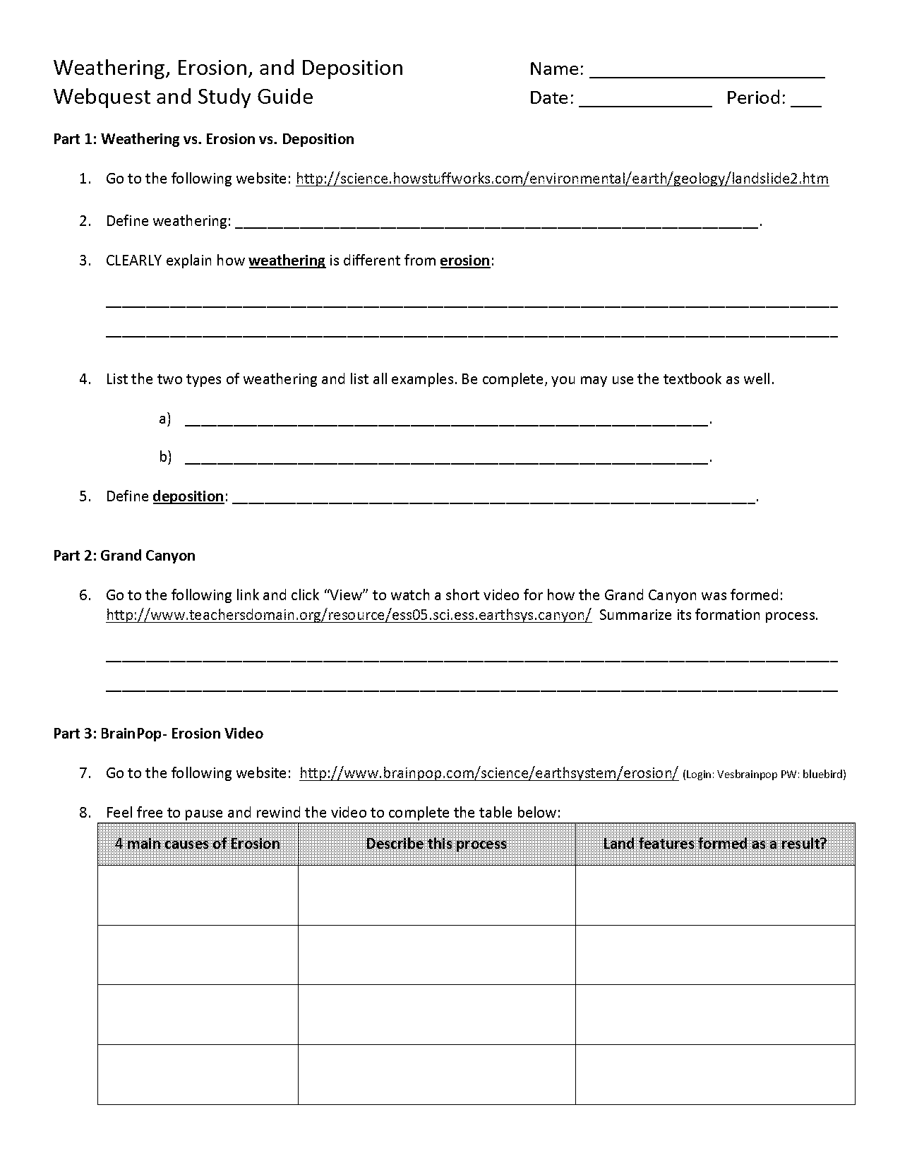 weathering erosion and soil worksheet