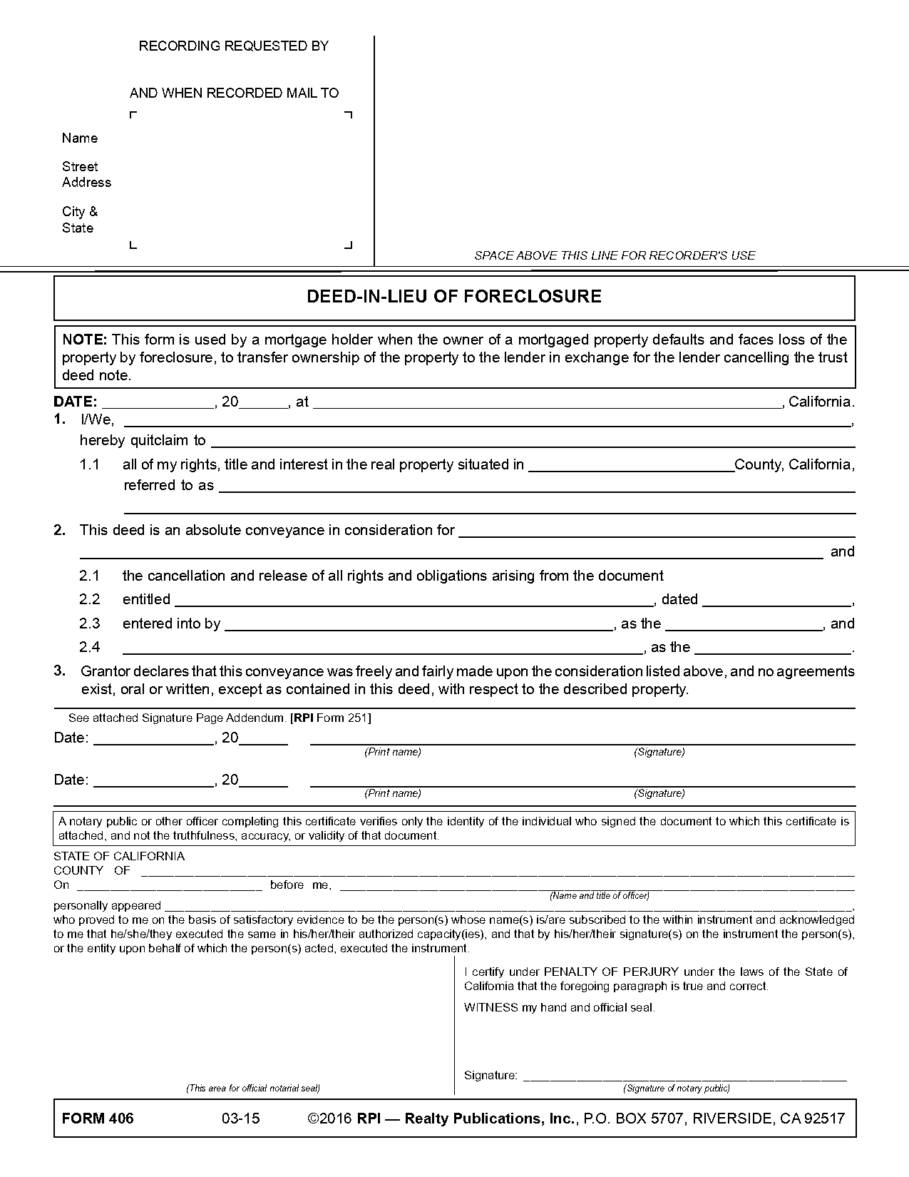 deed in lieu of foreclosure agreement sample