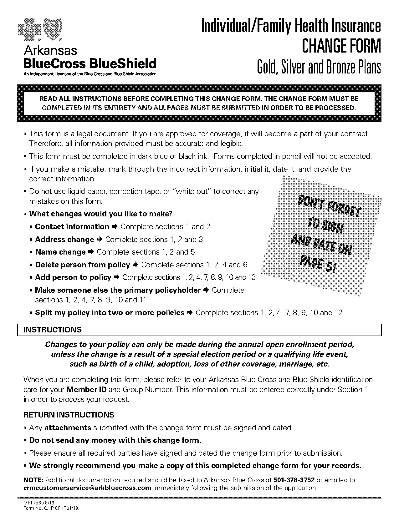 blue cross notice of change form